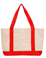 WharfPrint custom canvas tote bag in natural beige with vibrant red reinforced handles and base for daily use.