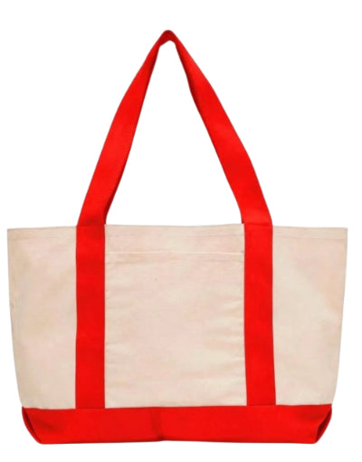 WharfPrint custom canvas tote bag in natural beige with vibrant red reinforced handles and base for daily use.